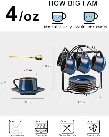 Set of 6 Blue Ceramic Espresso Coffee Cups