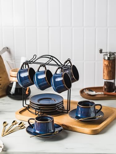 Set of 6 Blue Ceramic Espresso Coffee Cups