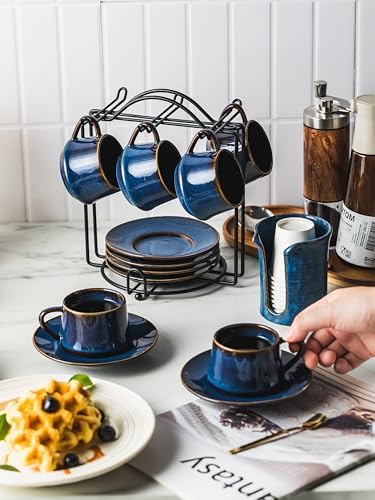 Set of 6 Blue Ceramic Espresso Coffee Cups