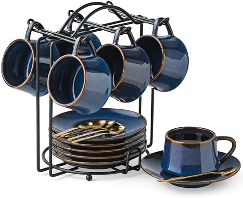Set of 6 Blue Ceramic Espresso Coffee Cups