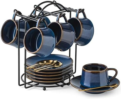 Set of 6 Blue Ceramic Espresso Coffee Cups